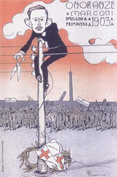 cartolina del 1903 diffusa in occasione delle "onoranze a Marconi"